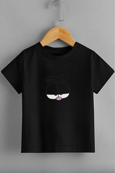 NO 601 Unisex Black Cat Printed Children's Short Sleeve Combed Cotton T-Shirt