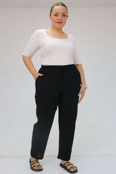 Eslina 59020 Large Size Muslin Narrow Leg Trousers with Elastic Waist - Black