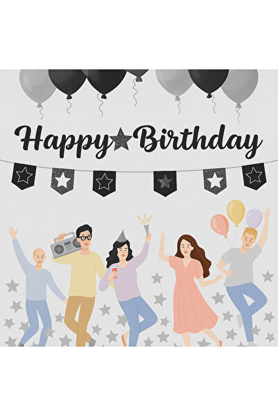 Ege Pastacılık Happy Birthday Banner and Star Pennant Black Silver