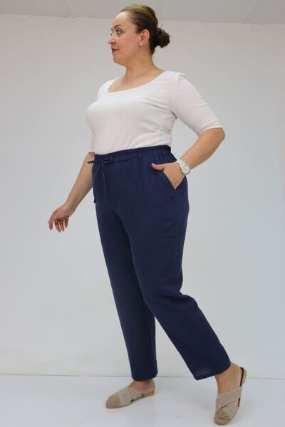Eslina 59020 Large Size Muslin Skinny Leg Trousers with Elastic Waist - Navy Blue