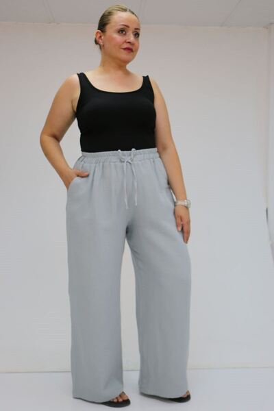 Eslina 59021 Large Size Muslin Wide Leg Trousers with Elastic Waist - Gray