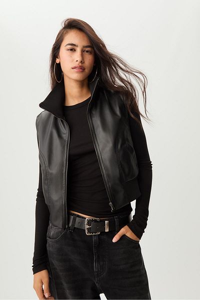 Stradivarius Leather effect gilet with matching ribbing
