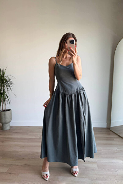 Sue Store Haki Bel Detaylı Askılı Yırtmaçlı Elbise
