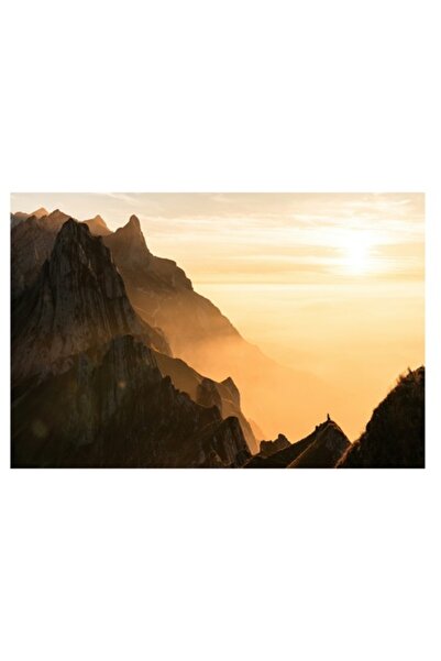 OEM Tablou Canvas, 'Lumina aurie peste crestele muntilor', Munte, Apus, Ceata, Lumina, Silueta, 70 x 50c