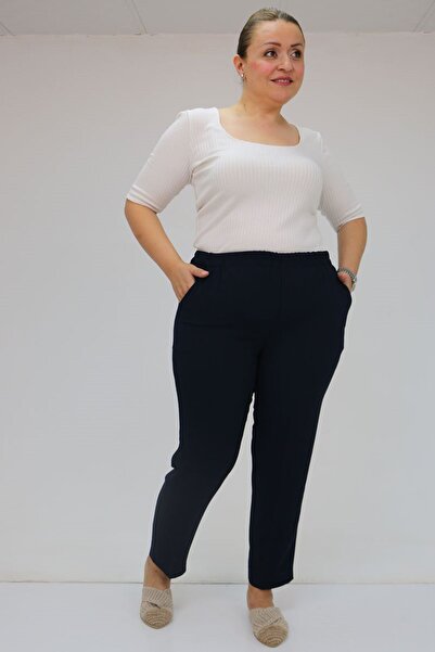 Eslina 59015 Plus Size Borupaça Crepe Trousers - Navy Blue