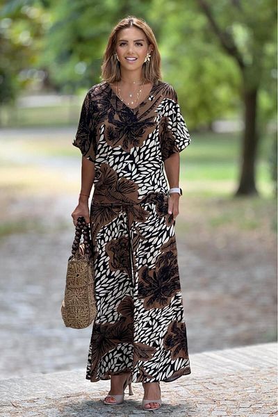 Nevin Kaya Moda Σικελία Καφέ Παντελόνι με Τροπικό Μοτίβο Μπλούζα Σετ δύο τεμαχίων