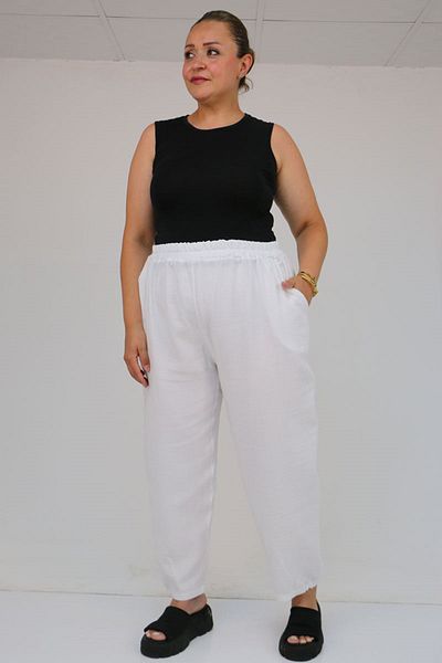 Eslina 59022 Large Size Muslin Trousers with Half Elastic Legs - White