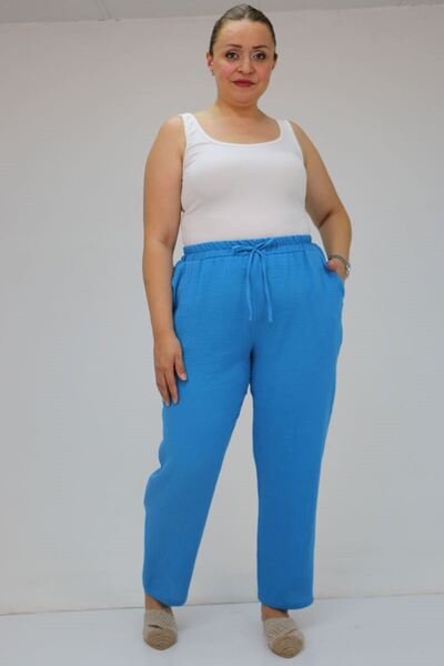 Eslina 59020 large size elastic waist muslin skinny leg pants - indigo