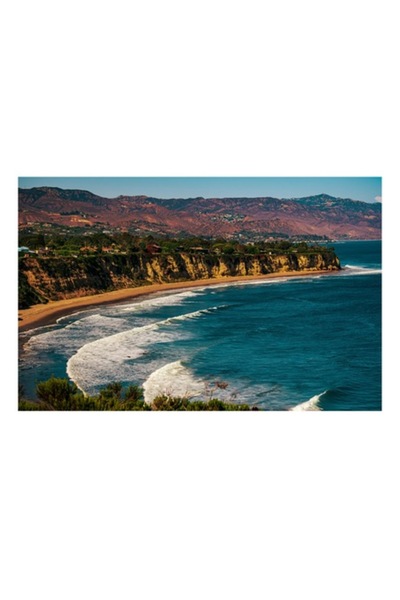 OEM Tablou Canvas, "Faleza scaldata de valuri albastre", Ocean, Stanci, Plaja, Valuri, Dealuri, Cer, Cas