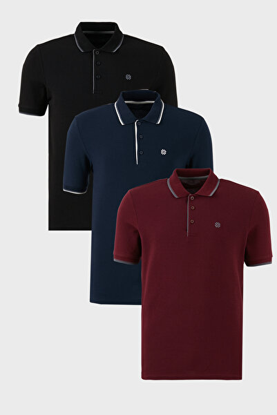 Buratti Pamuklu Slim Fit Şerit Detaylı Düğmeli Polo Yaka 3'lü Paket T Shirt E...