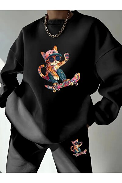 FUFLUNS طقم بدلة رياضية برقبة دائرية كبيرة الحجم للجنسين مطبوع عليها SKATEBOA...