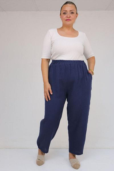 Eslina 59022 large size half elasticated muslin pants - navy blue