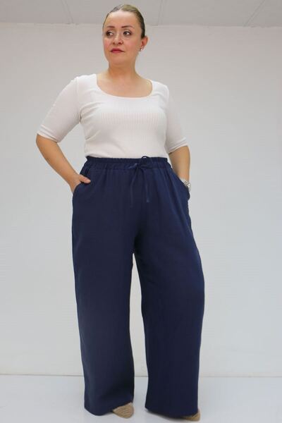 Eslina 59021 Large Size Muslin Wide Leg Trousers with Elastic Waist - Navy Blue