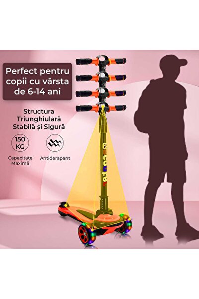 Elindor Folding children's scooter with 3 LED wheels, 5-14 years, adjustable height 80-120 cm, red