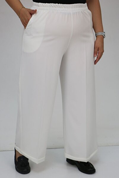 Eslina 59008 Large Size Double Leg Trousers with Elastic Waist - Ecru