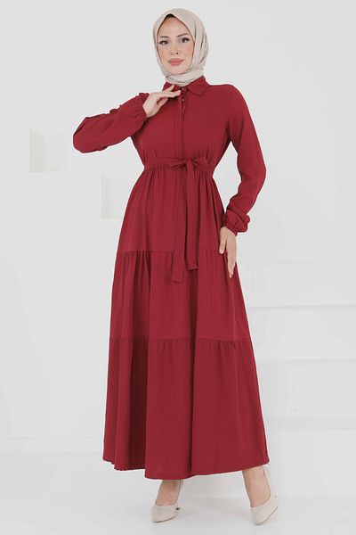 TOFİSA Belted Layered Dress Burgundy - 27345