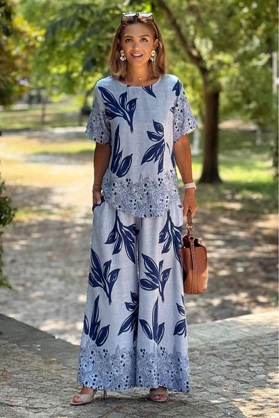Nevin Kaya Moda Σικελία Μπλε Παντελόνι με μοτίβο λουλουδιών ελιάς Σετ μπλούζα δύο τεμαχίων