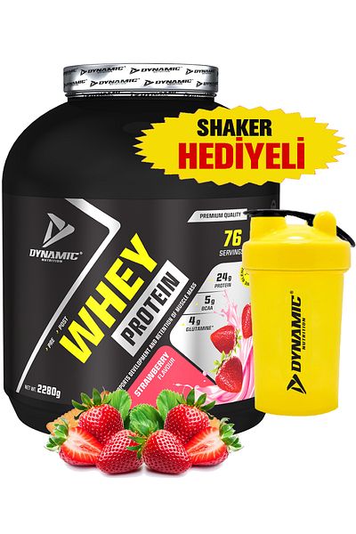 Dynamic Nutrition Whey Protein Powder with Shaker - 2280 g - 76 Servings - Strawberry - with Digestive Enzymes - 24 g High Protein