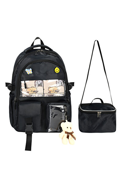 CRM Çanta Kore Tarzı Aksesuarlı 3'lü Set Siyah Ilkokul Çantası Sırt Çantası
