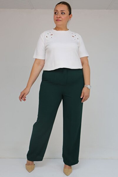 Eslina 59016 Plus Size Crepe Trousers with Button Waist - Emerald