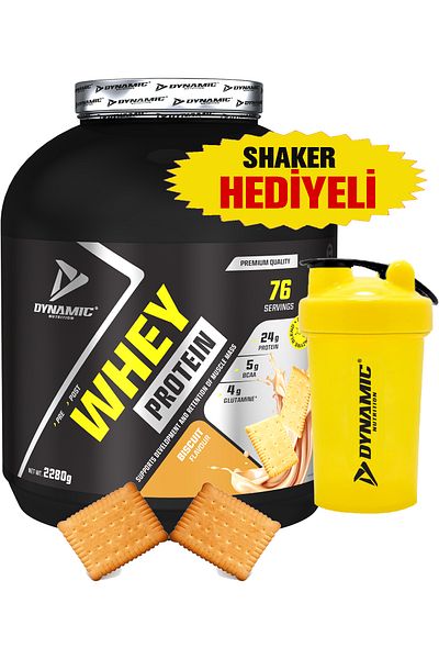 Dynamic Nutrition Whey Protein Powder with Shaker - 2280 g - 76 Servings - Biscuits - with Digestive Enzymes - 24 g High Protein