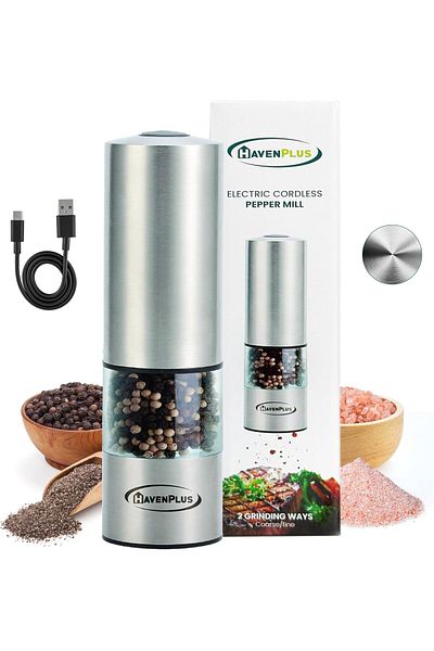 HavenPlus Electric Cordless Pepper Mill – Stainless Steel with LED Light