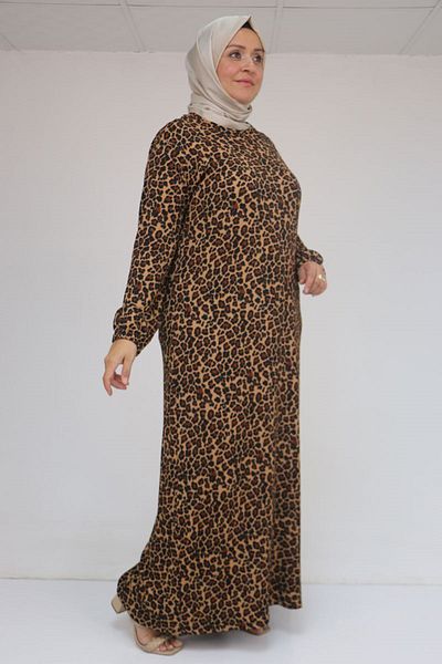Eslina 32025 Plus Size Wrap Sleeve Elastic Dress - Black Leopard