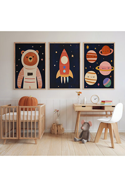 İkona Design Studio Çocuk Odası Astronot Ayı Ahşap Çerçeveli 3'lü Poster Tabl...