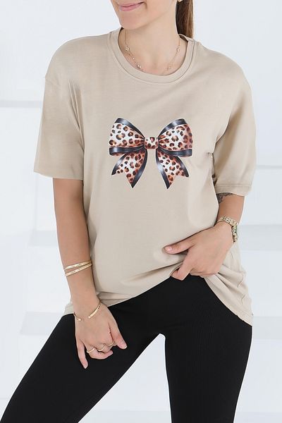 TOFİSA Printed Short Sleeve T-Shirt Beige - 27501