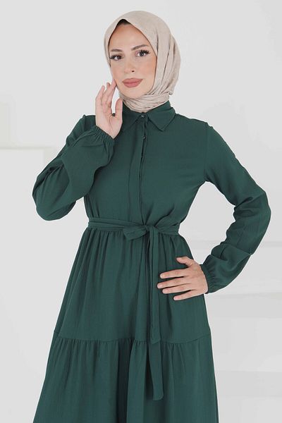 TOFİSA Belted Layered Dress Emerald - 27345