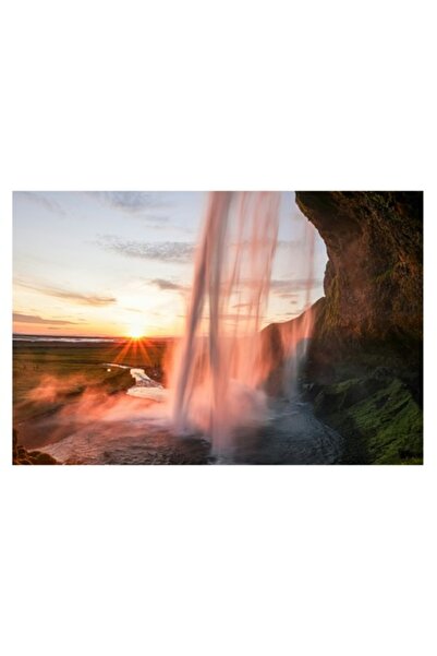 OEM Tablou Canvas, 'Cascada strălucind la apusul soarelui', Apus, Cascade, Nori, Lumina, Stanca, Apa, P