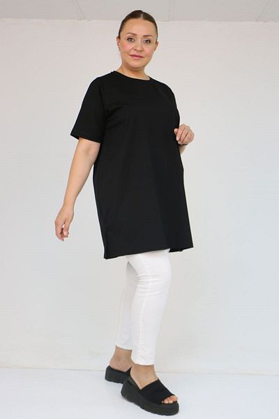 Eslina 58505 Large Size Ribbed Collar Suprem T-Shirt - Black