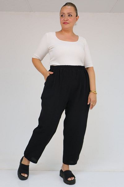 Eslina 59022 Large Size Muslin Trousers with Half Elastic Legs - Black