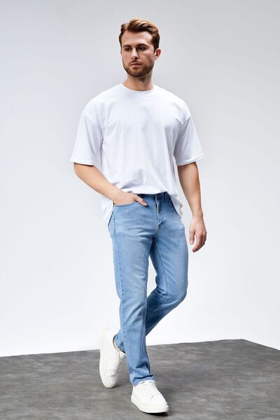 HALAT'S Erkek RİCARDO Buz Mavi Taşlamalı Regular Fit Likralı Jean Kot Pantolon