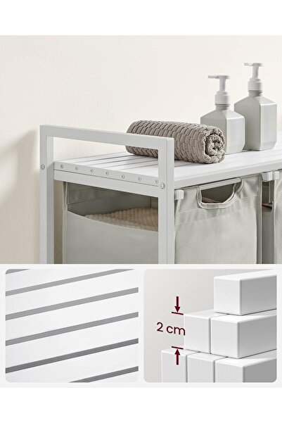 VASAGLE Cos de rufe, 3 compartimente, saci de rufe detasabili, raft, 3x38L, 93x33x72 cm, alb