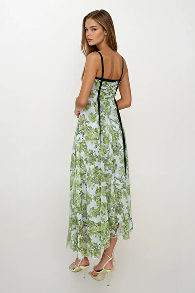VAGGON Γυναικείο πράσινο φόρεμα με λουλούδια με λουλούδια με λουλούδια Vs00429