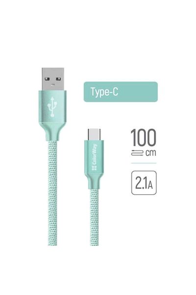 ColorWay Data Cable, USB to Type-C, 2.1A, 1m, G90 Nylon, CW CBUC003 MT, Mint