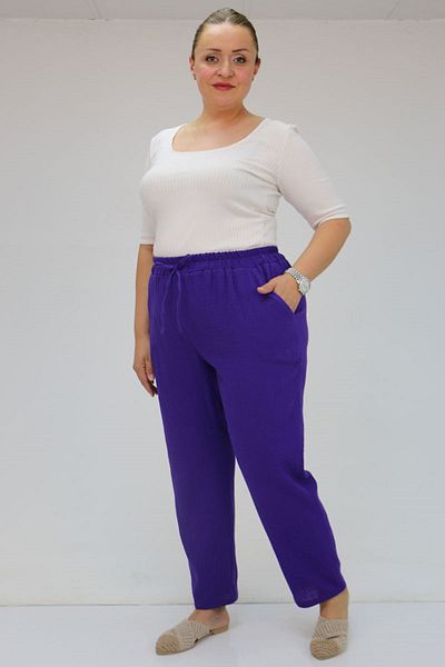 Eslina 59020 Large Size Muslin Narrow Leg Trousers with Elastic Waist - Purple