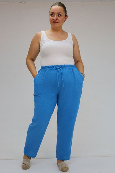 Eslina 59020 large size elastic waist muslin skinny leg pants - indigo