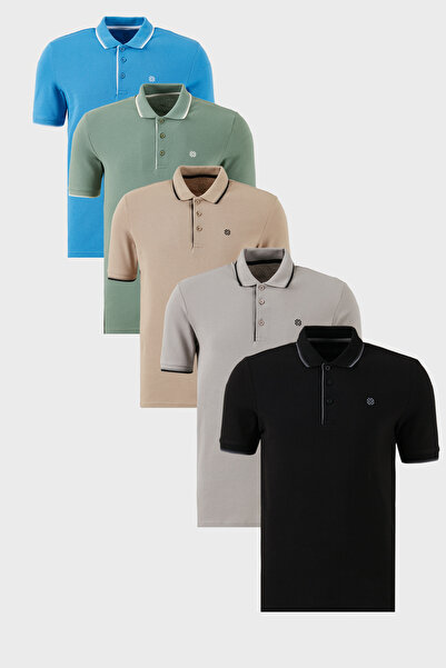 Buratti Pamuklu Slim Fit Şerit Detaylı Düğmeli Polo Yaka 5'li Paket T Shirt E...