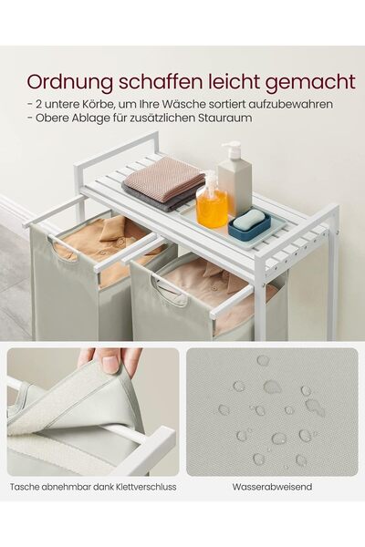 VASAGLE Cos de rufe, 2 compartimente, saci de rufe detasabili, raft, 2x46L, 73x33x72 cm, alb