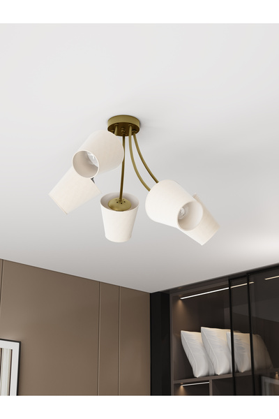 avizade ALLEGRA Modern Eskitme Metal Beyaz Kumaş Şapkalı 5'li Avize | Modern Salon Aydınlatması