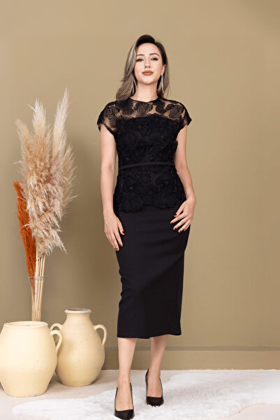 BEYBOS Atlas Kumaş Boncuk Detaylı Kalem Elbise - SİYAH