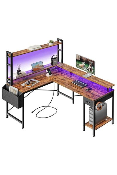 Generic L-Shaped Gaming Desk with RGB LED Lighting & RF Remote Control – 2-in-1 Design with Monitor Shelf