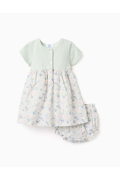 Ziddy Dress + Bloomers with Flower Motif for Newborn Girls, Light Green
