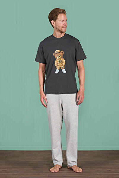 Miss Loren Men's Teddy Bear Printed Cotton Short Sleeve Pajama Set