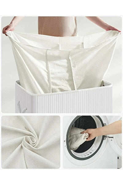 SONGMICS Cos de rufe din bambus, pliabil, cu captuseala detasabila lavabila, 150L, 60x40x62cm, alb
