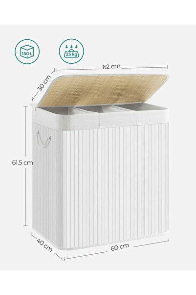 SONGMICS Cos de rufe din bambus, pliabil, cu captuseala detasabila lavabila, 150L, 60x40x62cm, alb