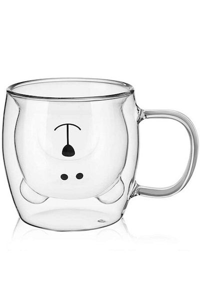 2DAYFIND Glass Mug with Double Wall, Cute Bear Design, Unique Visual Effect and Thermal Insulation for Coffee