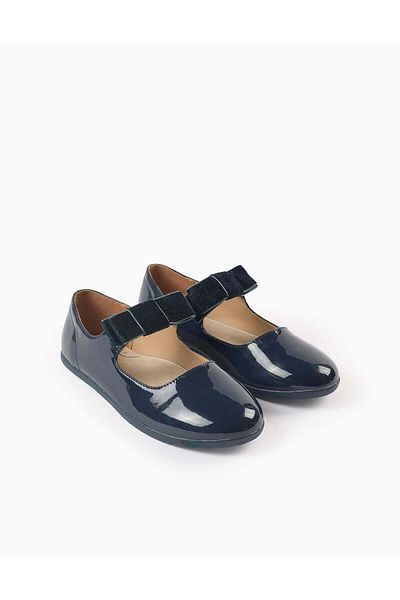 Ziddy Patent Leather Ballerina Flats with Velvet Bow for Girls, Dark Blue